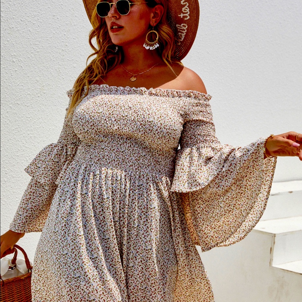 New Floral Shirred Bodice Bardot Dress